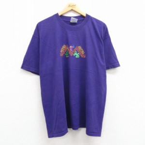 古着 半袖 ビンテージ Tシャツ メンズ 00年代 00s ココペリ ホピ族 サボテン 刺繍 大きいサイズ コットン クルーネック 紫 パ 中古 古着