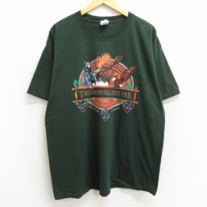 古着 半袖 ビンテージ Tシャツ メンズ 00年代 00s シカ クマ 鳥 コットン クルーネック 濃緑 グリーン XLサイズ 中古 中古 古着