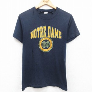 古着 チャンピオン Champion 半袖 ビンテージ Tシャツ メンズ 80年代 80s ノートルダム ボロ クルーネック USA製 紺 ネイビー  中古 古着