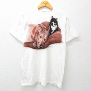 古着 半袖 ビンテージ Tシャツ メンズ 80年代 80s 犬 ネコ ハンドペイント エアブラシ コットン クルーネック USA製 白 ホワイ 中古 古着