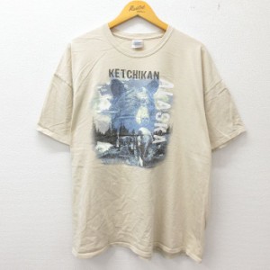 古着 半袖 ビンテージ Tシャツ メンズ 00年代 00s クマ アラスカ 大きいサイズ コットン クルーネック ベージュ カーキ XLサイ 中古 古着