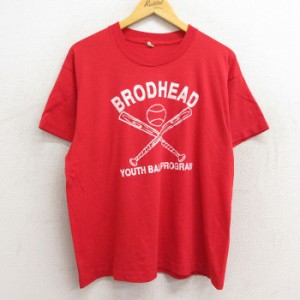 古着 半袖 ビンテージ Tシャツ メンズ 80年代 80s ベースボール 野球 ブロッドヘッド クルーネック USA製 赤 レッド Lサイズ  中古 古着