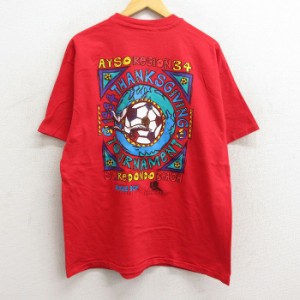 古着 ヘインズ Hanes 半袖 ビンテージ Tシャツ メンズ 90年代 90s サッカー 地球 鳥 コットン クルーネック 赤 レッド XLサイ 中古 古着