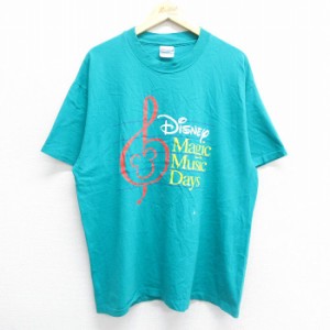 古着 ヘインズ Hanes 半袖 ビンテージ Tシャツ メンズ 90年代 90s ディズニー DISNEY 音符 コットン クルーネック USA製 青緑  中古 古着