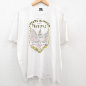 古着 半袖 ビンテージ Tシャツ メンズ 90年代 90s 全米桜祭り ラメ 大きいサイズ クルーネック USA製 白 ホワイト XLサイズ 中 中古 古着