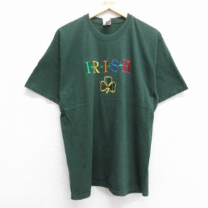 古着 半袖 ビンテージ Tシャツ メンズ 00年代 00s アイリッシュ クローバー 刺繍 コットン クルーネック 緑 グリーン Lサイズ  中古 古着