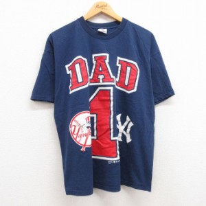 古着 半袖 ビンテージ Tシャツ メンズ 90年代 90s MLB ニューヨークヤンキース DAD 1 クルーネック 紺 ネイビー メジャーリー 中古 古着