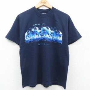 古着 半袖 ビンテージ Tシャツ メンズ 00年代 00s ヤシの木 ハワイ コットン クルーネック 紺 ネイビー Mサイズ 中古 中古 古着