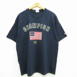 古着 チャンピオン 半袖 ビンテージ Tシャツ メンズ 00年代 00s 星条旗 USAオリンピック コットン クルーネック 紺 ネイビー X 中古 古着