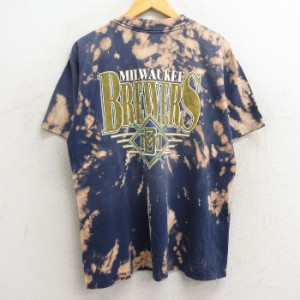 古着 半袖 ビンテージ Tシャツ メンズ 90年代 90s MLB ミルウォーキーブルワーズ 胸ポケット付き クルーネック 紺他 ネイビー  中古 古着