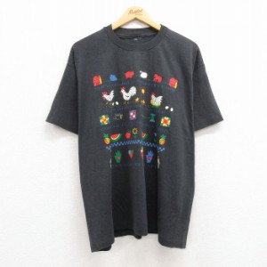 古着 半袖 ビンテージ Tシャツ メンズ 90年代 90s ニワトリ ブタ クルーネック 濃グレー 霜降り XLサイズ 中古 中古 古着