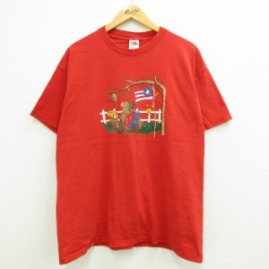 古着 半袖 ビンテージ Tシャツ メンズ 90年代 90s クマ 星条旗 コットン クルーネック USA製 赤 レッド XLサイズ 中古 中古 古着