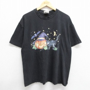 古着 ベーシックエディションズ 半袖 ビンテージ Tシャツ メンズ 00年代 00s ネコ カボチャ ハロウィン コットン クルーネック 中古 古着