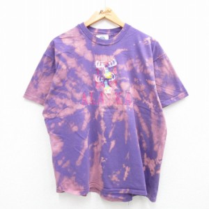 古着 半袖 ビンテージ Tシャツ メンズ 90年代 90s アラスカ シカ 刺繍 コットン クルーネック USA製 薄紫他 パープル ブリーチ 中古 古着