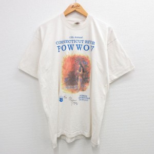 古着 半袖 ビンテージ Tシャツ メンズ 90年代 90s コネチカット川 ココペリ ホピ族 大きいサイズ クルーネック 生成り XLサイ 中古 古着