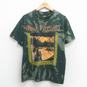 古着 半袖 ビンテージ Tシャツ メンズ 90年代 90s ウエストバージニア ボート 川 クルーネック USA製 濃緑他 グリーン ブリー 中古 古着