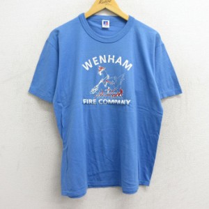 古着 ラッセル 半袖 ビンテージ Tシャツ メンズ 80年代 80s ニワトリ ブルドーザー ウェナム クルーネック USA製 薄紺 ネイビ 中古 古着