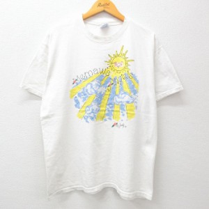 古着 ヘインズ Hanes 半袖 ビンテージ Tシャツ メンズ 00年代 00s 太陽 Angels ラメ コットン クルーネック 白 ホワイト Lサイ 中古 古着