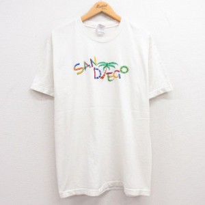 古着 半袖 ビンテージ Tシャツ メンズ 00年代 00s サンディエゴ ヤシの木 刺繍 コットン クルーネック 白 ホワイト Lサイズ 中 中古 古着