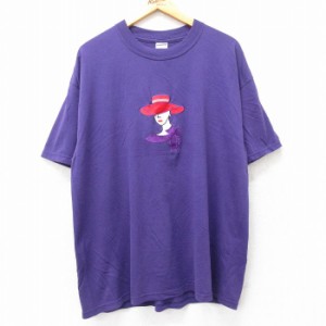 古着 半袖 ビンテージ Tシャツ メンズ 00年代 00s 女性 刺繍 濃紫 パープル XLサイズ 中古 中古 古着