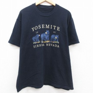 古着 半袖 ビンテージ Tシャツ メンズ 00年代 00s クマ YOSEMITE 刺繍 大きいサイズ コットン クルーネック 紺 ネイビー XLサ 中古 古着