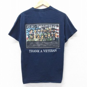 古着 半袖 ビンテージ Tシャツ メンズ 00年代 00s ミリタリー VETERAN コットン クルーネック 紺 ネイビー Mサイズ 中古 中古 古着