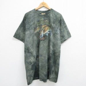 古着 半袖 ビンテージ Tシャツ メンズ 00年代 00s 魚 大きいサイズ ロング丈 コットン クルーネック 緑他 グリーン タイダイ X 中古 古着