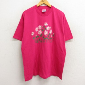 古着 ヘインズ Hanes 半袖 ビンテージ Tシャツ メンズ 90年代 90s 花 クルーネック 濃ピンク XLサイズ 中古 中古 古着