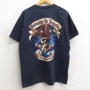 古着 半袖 ビンテージ Tシャツ メンズ 00年代 00s スカル 海賊 釣り HOOK&TACKLE 胸ポケット付き コットン クルーネック 紺 ネ 中古 古着