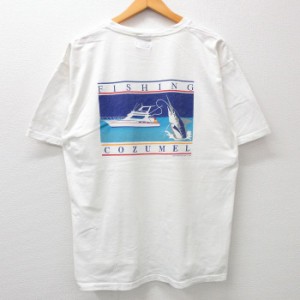 古着 半袖 ビンテージ Tシャツ メンズ 90年代 90s 釣り カジキ ボート クルーネック 白 ホワイト XLサイズ 中古 中古 古着
