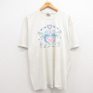 古着 ヘインズ Hanes 半袖 ビンテージ Tシャツ メンズ 90年代 90s ハート 花 クルーネック 白 ホワイト XLサイズ 中古 中古 古着