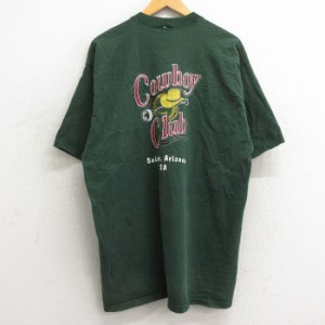 古着 半袖 ビンテージ Tシャツ メンズ 90年代 90s カウボーイ 帽子 ロング丈 コットン クルーネック USA製 緑 グリーン XLサイ 中古 古着