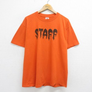 古着 半袖 ビンテージ Tシャツ メンズ 00年代 00s ハロウィン 死神 スタッフ コットン クルーネック オレンジ XLサイズ 中古 中古 古着