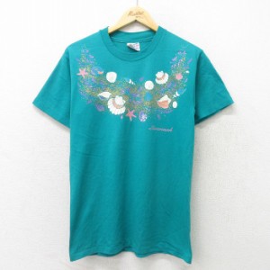 古着 ヘインズ Hanes 半袖 ビンテージ Tシャツ メンズ 90年代 90s 貝 花 クルーネック USA製 青緑 Mサイズ 中古 中古 古着