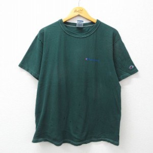 古着 チャンピオン Champion 半袖 ビンテージ Tシャツ メンズ 90年代 90s ワンポイントロゴ クルーネック 緑 グリーン XLサイ 中古 古着