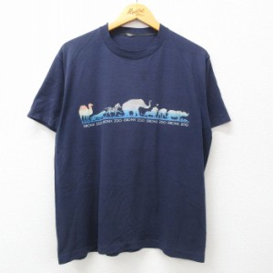 古着 半袖 ビンテージ Tシャツ メンズ 90年代 90s ゾウ シマウマ 動物園 クルーネック 紺 ネイビー Lサイズ 中古 中古 古着