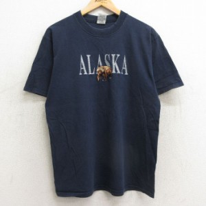 古着 半袖 ビンテージ Tシャツ メンズ 00年代 00s クマ アラスカ 刺繍 コットン クルーネック 紺 ネイビー Lサイズ 中古 中古 古着