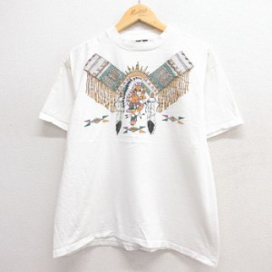 古着 半袖 ビンテージ Tシャツ メンズ 90年代 90s インディアン ネイティブ柄 ラメ コットン クルーネック USA製 白 ホワイト  中古 古着