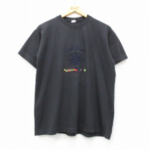 古着 半袖 ビンテージ Tシャツ メンズ 00年代 00s ポルトガル 国旗 刺繍 コットン クルーネック 黒 ブラック XLサイズ 中古 中古 古着