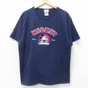 古着 半袖 ビンテージ Tシャツ メンズ 00年代 00s ディズニー DISNEY ミッキー MICKEY MOUSE 刺繍 コットン クルーネック 紺  中古 古着