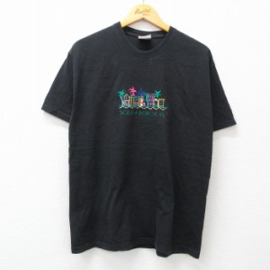 古着 ヘインズ Hanes 半袖 ビンテージ Tシャツ メンズ 00年代 00s ヤシの木 刺繍 コットン クルーネック 黒 ブラック Lサイズ  中古 古着