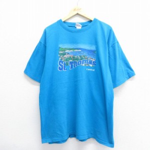 古着 半袖 ビンテージ Tシャツ メンズ 00年代 00s 船 大きいサイズ コットン クルーネック 水色 XLサイズ 中古 中古 古着