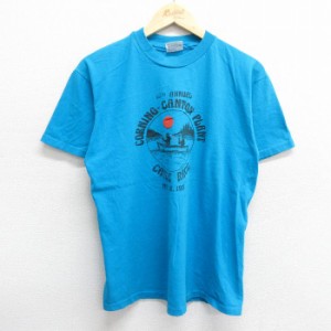 古着 ヘインズ Hanes 半袖 ビンテージ Tシャツ メンズ 90年代 90s カヌー レース コットン クルーネック USA製 水色 Lサイズ  中古 古着