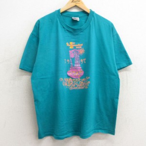 古着 ヘインズ Hanes 半袖 ビンテージ Tシャツ メンズ 90年代 90s 花 マラソン BANK 大きいサイズ コットン Kuru USA製 青緑 X 中古 古着