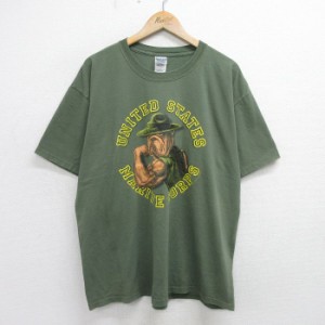 古着 半袖 ビンテージ Tシャツ メンズ 00年代 00s ミリタリー USMC ブルドッグ 犬 大きいサイズ コットン クルーネック 緑 グ 中古 古着