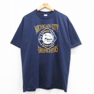 古着 ジャージーズ 半袖 ビンテージ Tシャツ メンズ 90年代 90s 消防署 ミシガン 大きいサイズ クルーネック USA製 紺 ネイビ 中古 古着