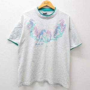 古着 SIGNAL 半袖 ビンテージ Tシャツ メンズ 90年代 90s タツノオトシゴ ラメ コットン クルーネック USA製 薄グレー 霜降り  中古 古着