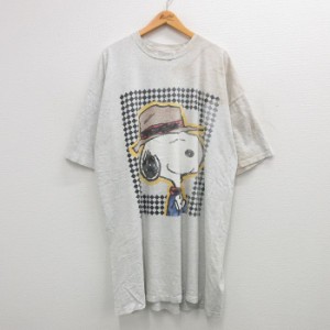 古着 半袖 ビンテージ Tシャツ メンズ 90年代 90s ピーナッツ スヌーピー SNOOPY 大きいサイズ ロング丈 クルーネック グレー  中古 古着