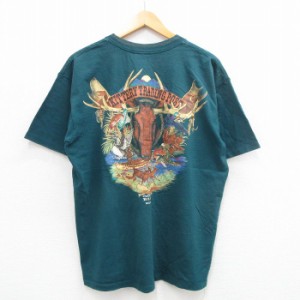 古着 オニータ ONEITA 半袖 ビンテージ Tシャツ メンズ 90年代 90s シカ 魚 コットン クルーネック 緑 グリーン XLサイズ 中古 中古 古着