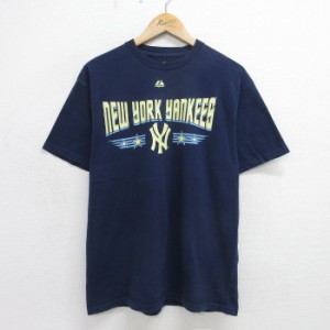 古着 マジェスティック 半袖 ビンテージ Tシャツ メンズ 00年代 00s MLB ニューヨークヤンキース コットン クルーネック 紺 ネ 中古 古着